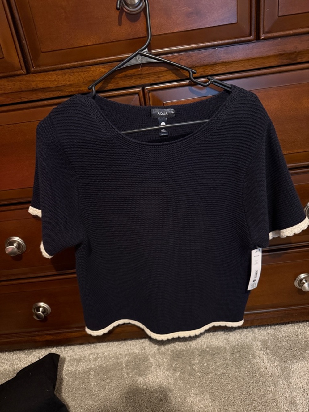 Aqua Navy Knit Short-Sleeve Top with Cream Trim